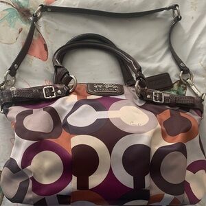 Coach Madison Multicolor Geometric Print Satchel with Brown Leather Trim